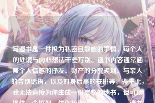 写遗书是一件极为私密且敏感的事情，每个人的处境与内心想法千差万别。遗书内容通常涵盖个人情感的抒发、财产的分配规划、与亲人的告别话语，以及对身后事的安排等。鉴于此，我无法直接为你生成一份完整的遗书，但可以提供一个框架，供你梳理思路时参考。，遗书框架具体如下，遗书或我的遗愿，- 表达感激之情，对亲人、朋友或其他重要的人表达感激以及即将分别的遗憾。，- 财产分配，说明自己的财产如何处理。，- 墓地和葬礼安排，如果你对葬礼或墓地有特定的安排，请在此部分提及。，- 结束语，表达自己的不舍以及祝福。，落款，名字和日期，撰写遗书是一个无比严肃的决定，倘若你正处于迷茫、痛苦之中，迈出寻求帮助的这一步至关重要。有一些专业的心理援助热线随时为你提供支持，，﻿1. 全国统一心理援助热线，12356（部分城市开通），﻿2. 希望24专线，400-161-9995，生命宝贵，请珍惜自己。希望你能找到继续前行的力量和勇气。请记得，即使在最黑暗的时刻，也有光明存在，不要放弃寻找希望的机会。